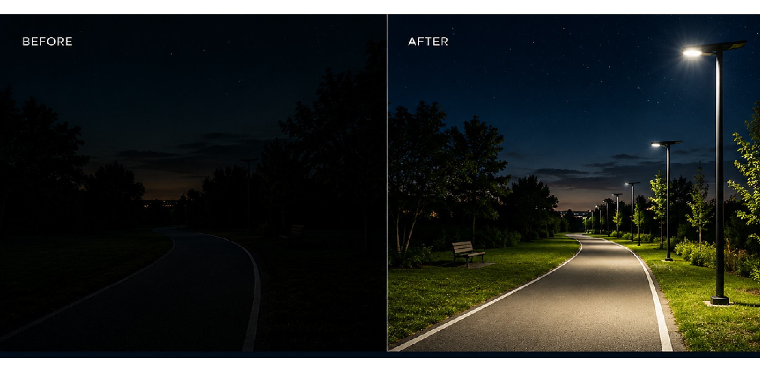 Before and after comparison of a dark trail versus the same trail lit by SolarPath solar lighting