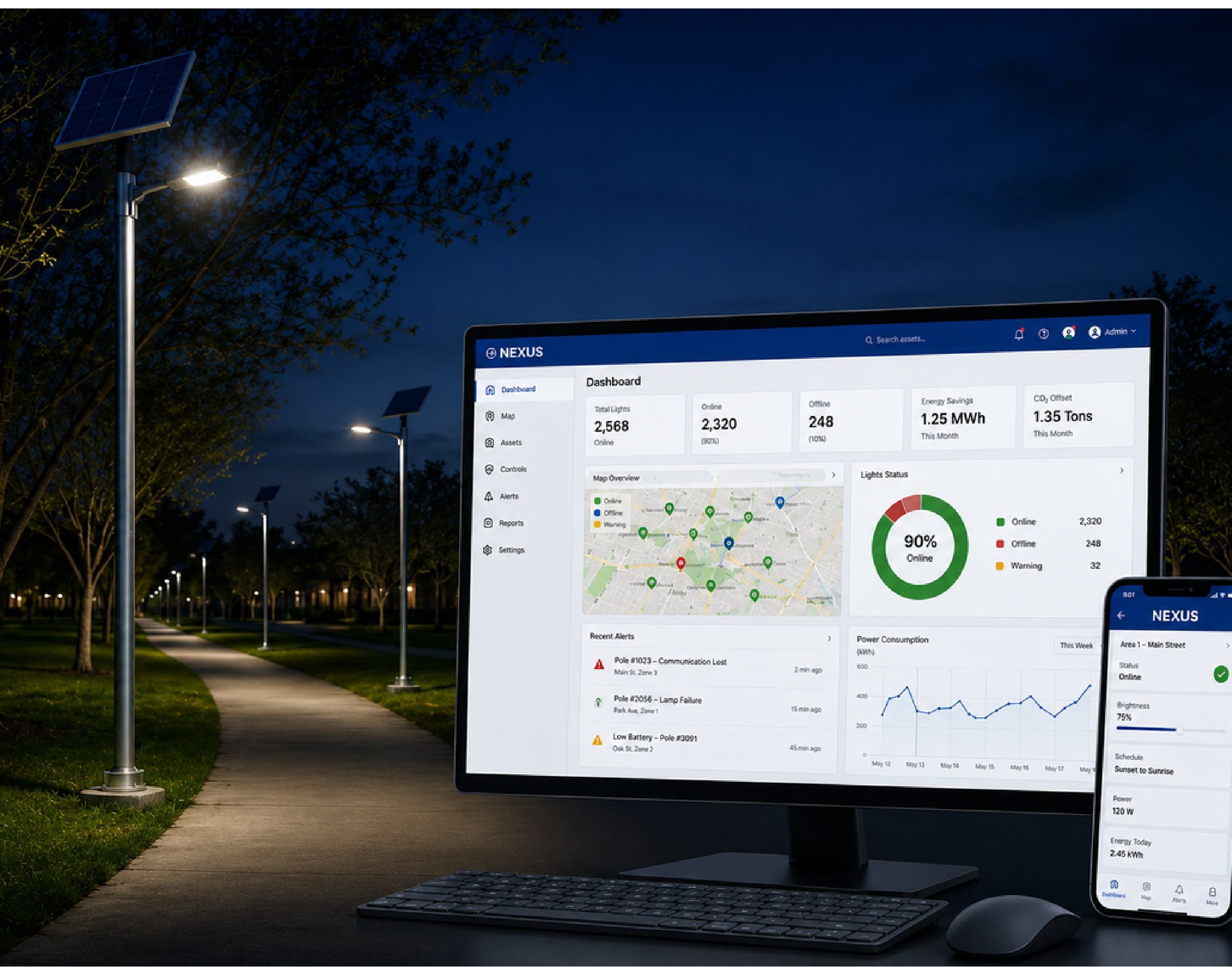 SolarPath Nexus dashboard on a monitor and phone beside a solar-lit pathway at night