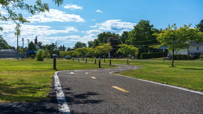 SolarPath solar bollard lights lining a winding asphalt park trail