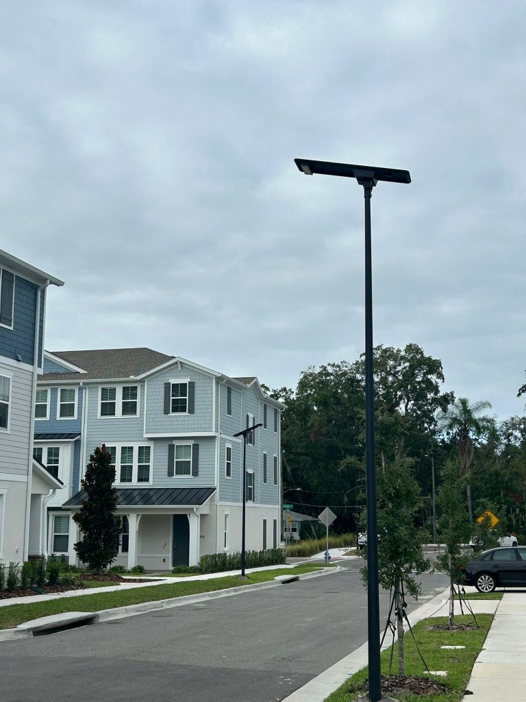 Sleek black SolarPath solar street light beside blue townhomes